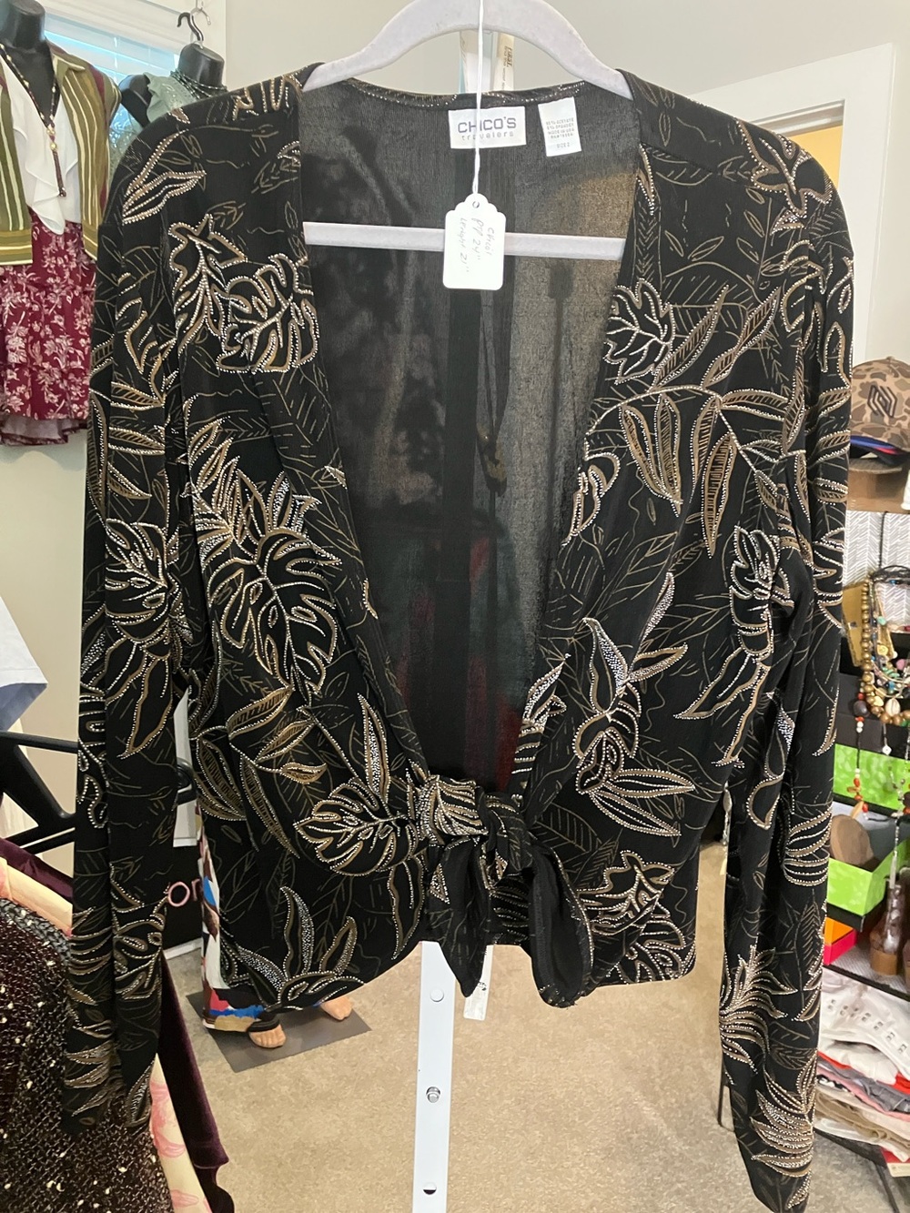 Chico's Black Top with Metallic Gold Leaf Print and Front Tie